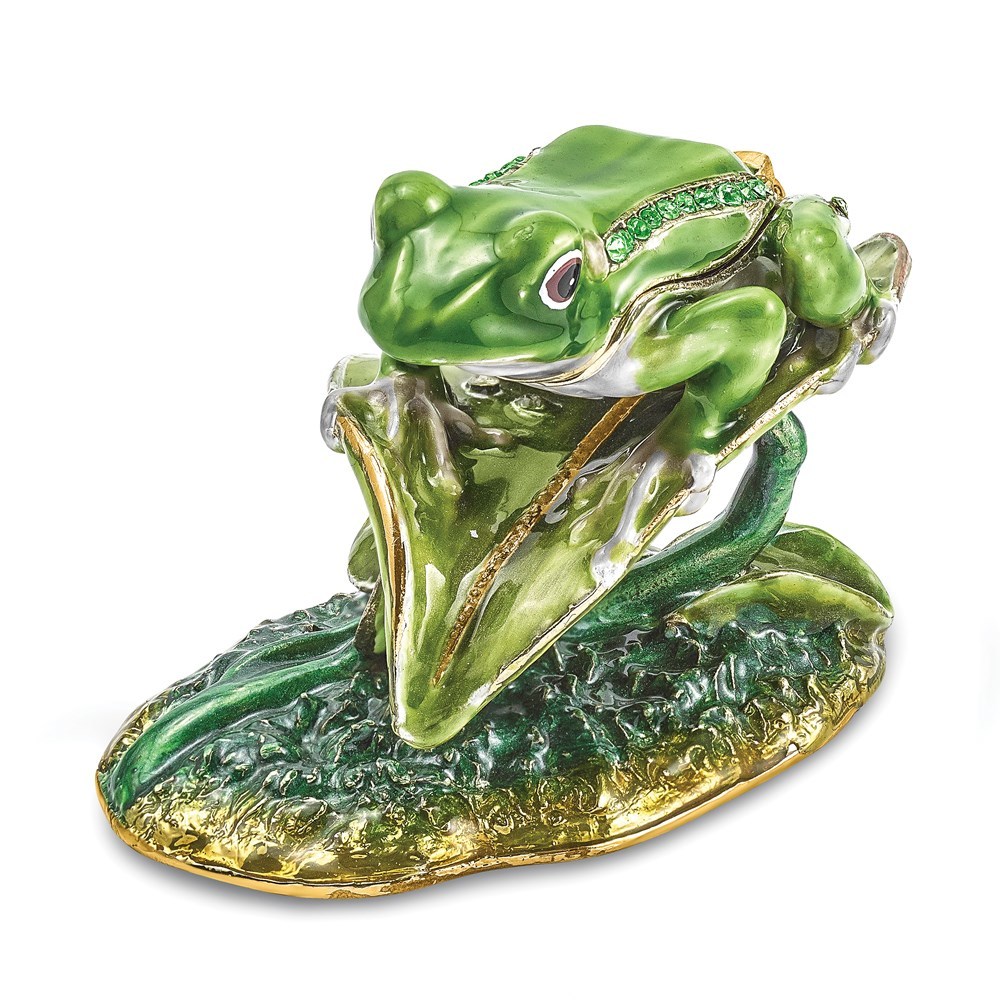 Pewter Bejeweled Crystals LILLY Frog on Lily Pad Trinket Box with Pendant